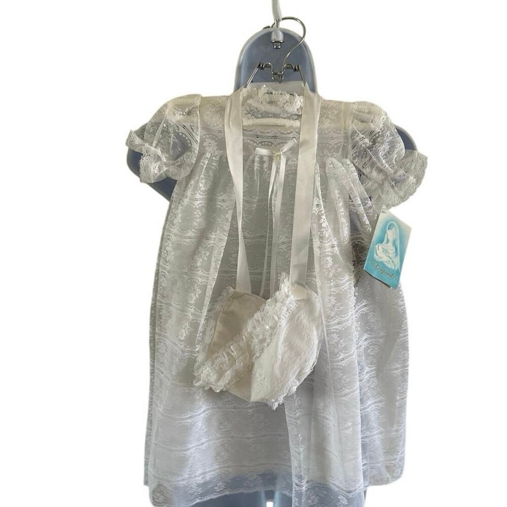 Vtg Wht Lace Christening Baptismal Infant Gown Lace Bonnet 6-9months Madonna NOS